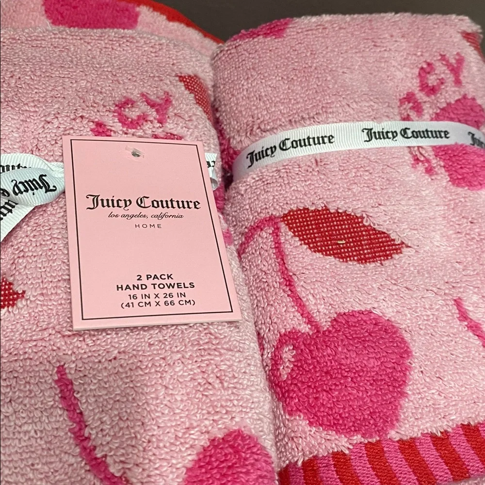 Juicy Couture Double Sided Pink Heart Cherry Bath and Hand Towels Bath Set 6 Pcs